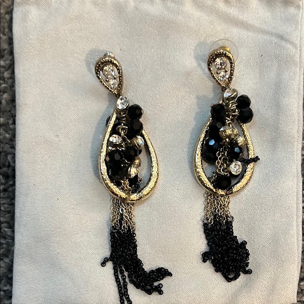 Gold and Black Beaded Teardrop Dangle Earrings - Women Jewelry